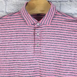 Stitch Golf Men Polo Shirt Pink Navy Blue Striped Short Sleeve Palm Tree Logo XL